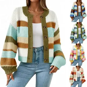 WoodBerry Womens Striped Chunky Cardigan Sweaters Button Up Trendy Color Block Long Sleeve Casual Knit Sweater Coats Loose Knitwear Womenswear