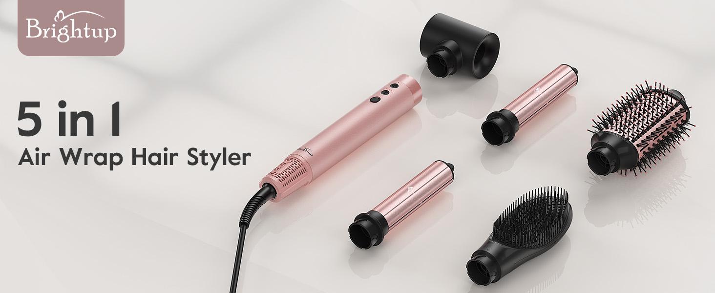 Brightup 5 in 1 Air Styler Automatic Hair Curling Iron with Detachable Brush Head, Blow-Dry,Straightening Wrap  Negative Ions Ergonomic Rose Gold(Advanced Custom)  Holiday Gift