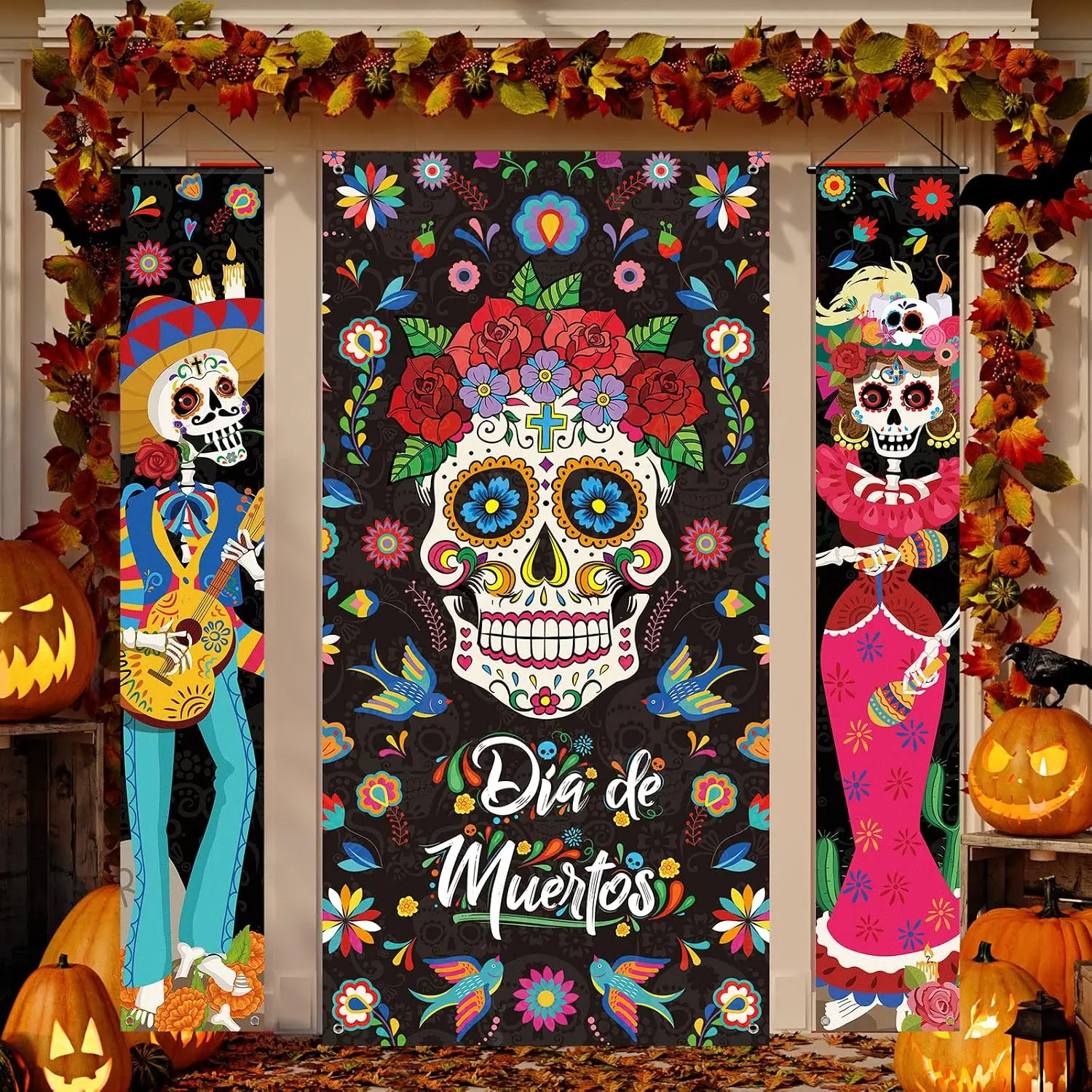 Large Día de Muertos Sugar Skull Porch Banner Set - Mexican Day of the Dead Party Banners, Party Decoration Supplies for Doors, Day of the Dead Decor, Easy to Fold Home Outdoor Indoor Hanging Decor,dorm decor,dorm room decor