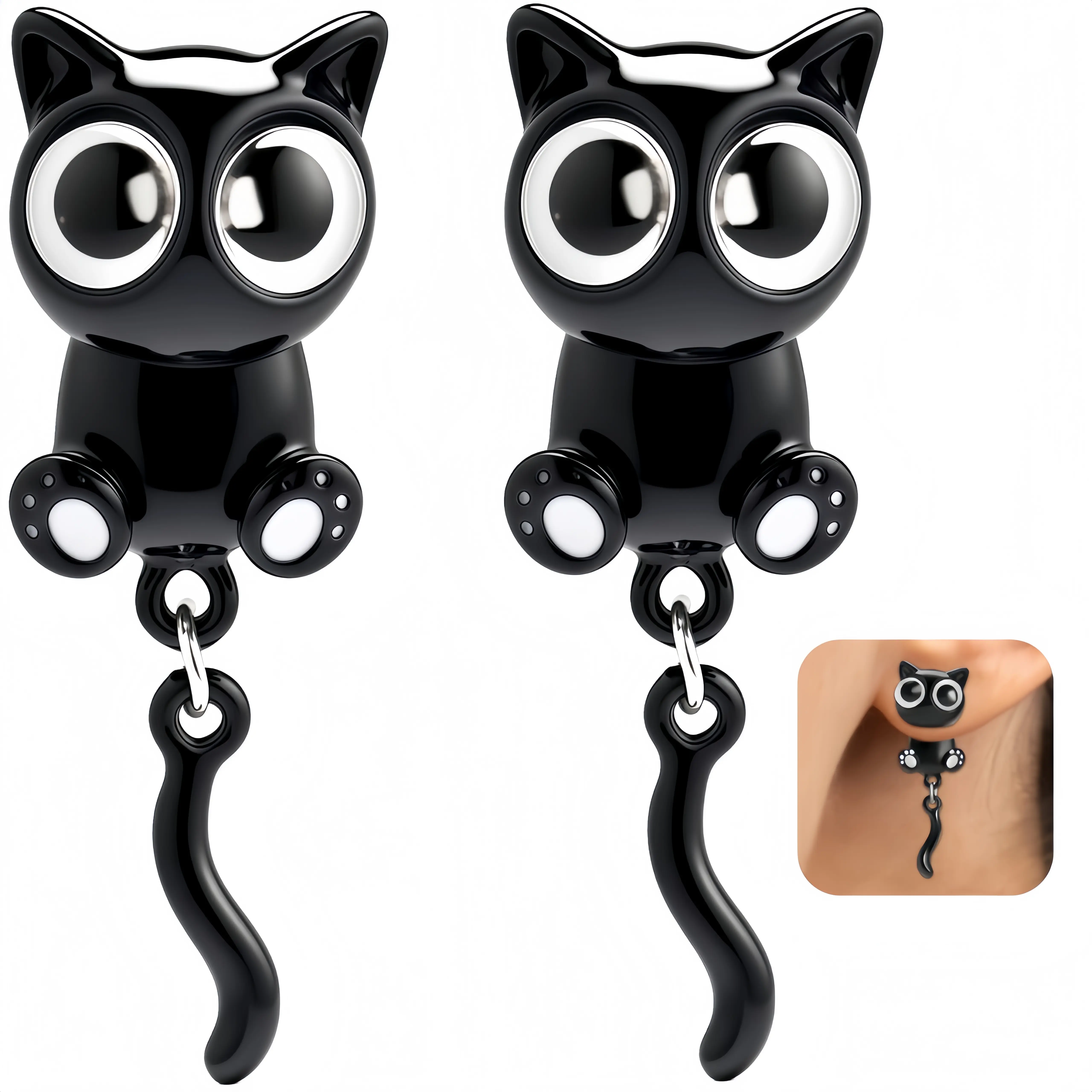 Cute 3D Black Cat Earrings for Women, Gothic Cat Stud Earrings, Funny Animal Drop Earrings, Fashion Jewelry Gifts for Her, Mother's Day Birthday