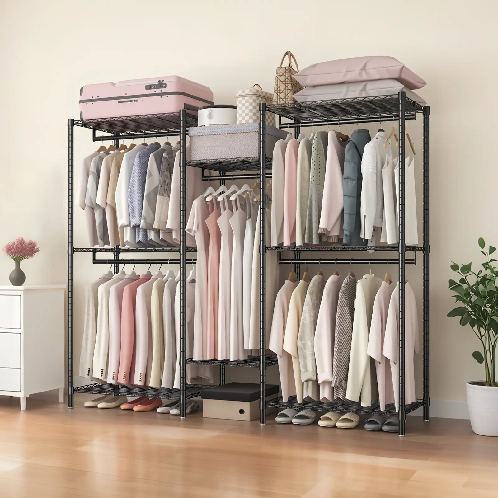 Heavy Duty Freestanding Clothes Garment Rack, L-Shaped Corner Wardrobe Organizer with Adjustable Wire Shelves, Multiple Hanging Rods, Side Hooks & Wire Baskets, Portable Metal Clothing Storage Rack for Bedroom Closet