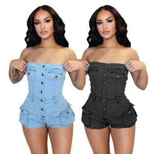 Summer Outfits Summer New Denim Jumpsuit Tube Top Stretch One-Piece Shorts overall