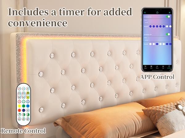 Sibeds Full LED Galaxy Bed Frame Set, Modern Smart Upholstered Platform Bed with Storage Drawers, Crystal Button Tufted Headboard, Solid Slat Support, Noise-Free, No Box Spring Needed, PU & Velvet, Black/White/Gray/Beige