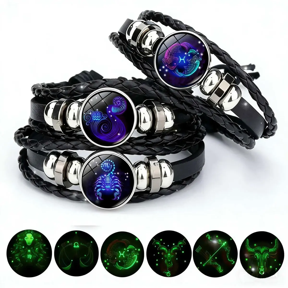 Glow-in-the-Dark 12 Zodiac Leather Bracelet, Adjustable Costume Jewelry Accessory, Personalized Timeless Gift for Spiritual Accessory Enthusiasts, Bracelets