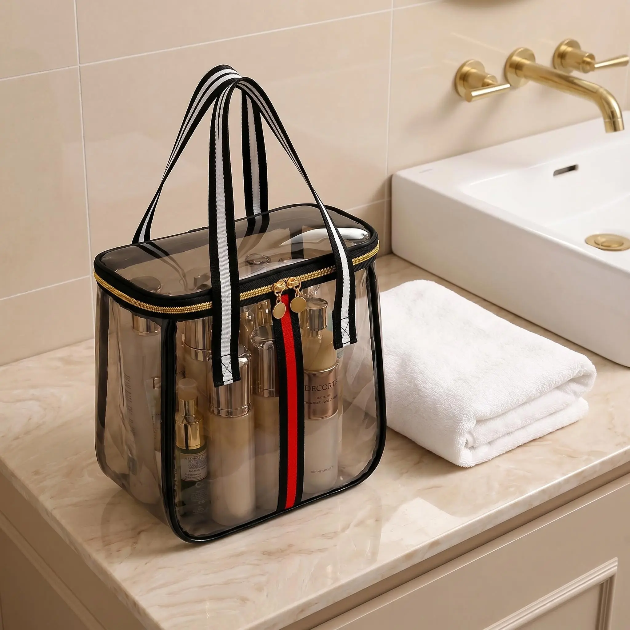 Durable PVC Cosmetic Storage Bag - Chic Leakproof Stand-Up Travel Beauty Bag with Gold Zip Elegance, High-Capacity Transparent Organizer for Beauty on the Go,  H, Portable Vanity, High-Capacity Daily Stash for Daily Use