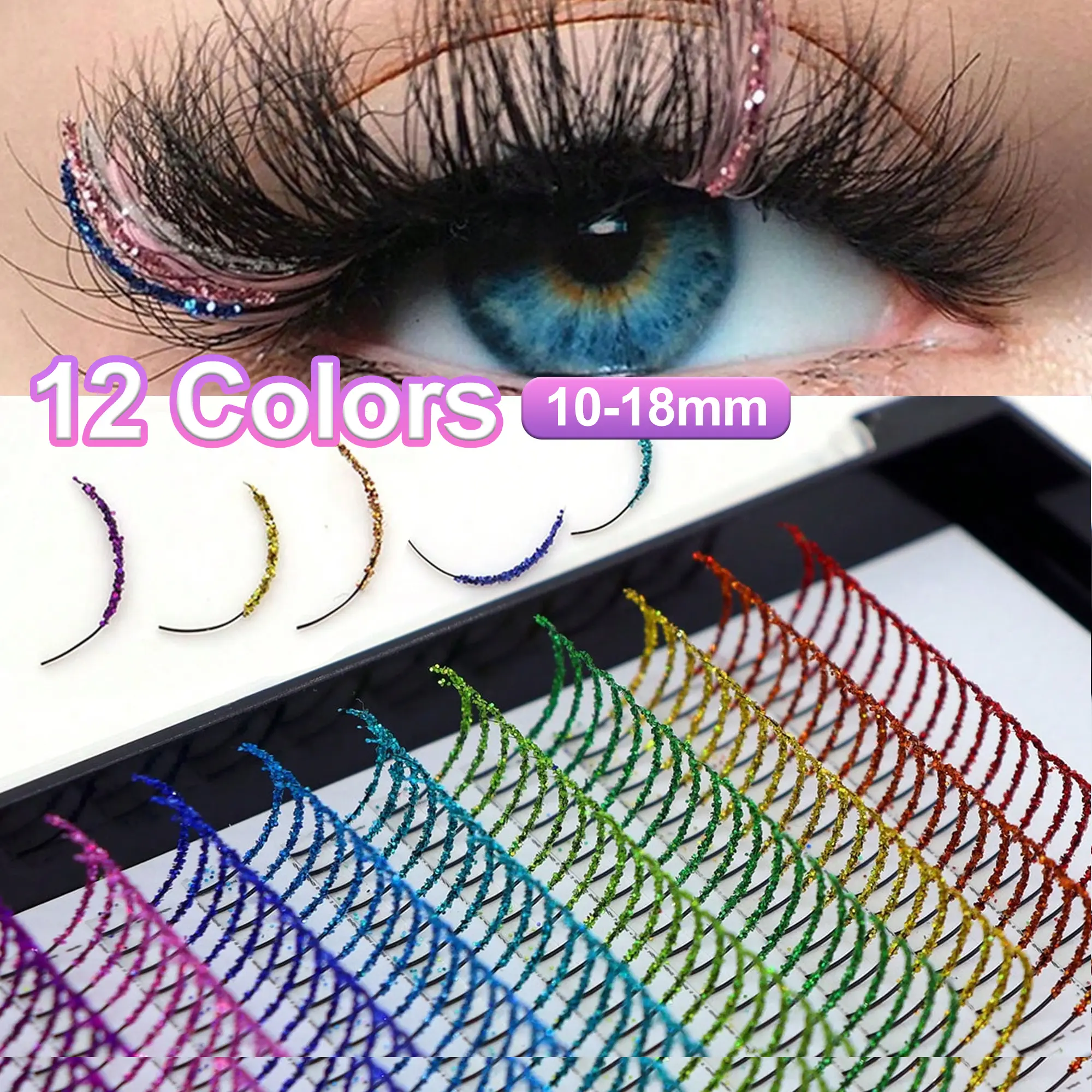 240-Piece 12-Row Mixed Glitter DIY Cluster Lashes, Cosmetic Eyelashes, False Eyelashes Set, Fairy-Style Eyelash Extension Kit, Dense Curled Lashes, D Curl Eyelashes, Eyelash Clusters Extensions, 12 Colors, 10-18mm, Sports Events, Holidays