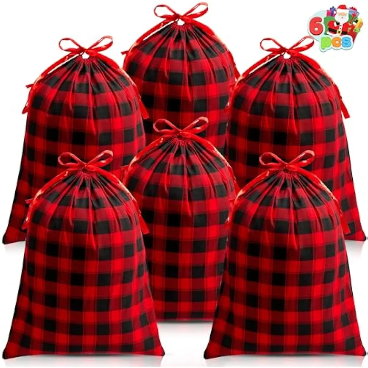 JOYIN 6 PCS Christmas Fabric Drawstring Gift Bag 19" x 14.5", Cotton Buffalo Plaid Sacks in Red and Black, Xmas Plaid Cloth Pouches for Presents Wrapping and Storage, Holiday Party Decor