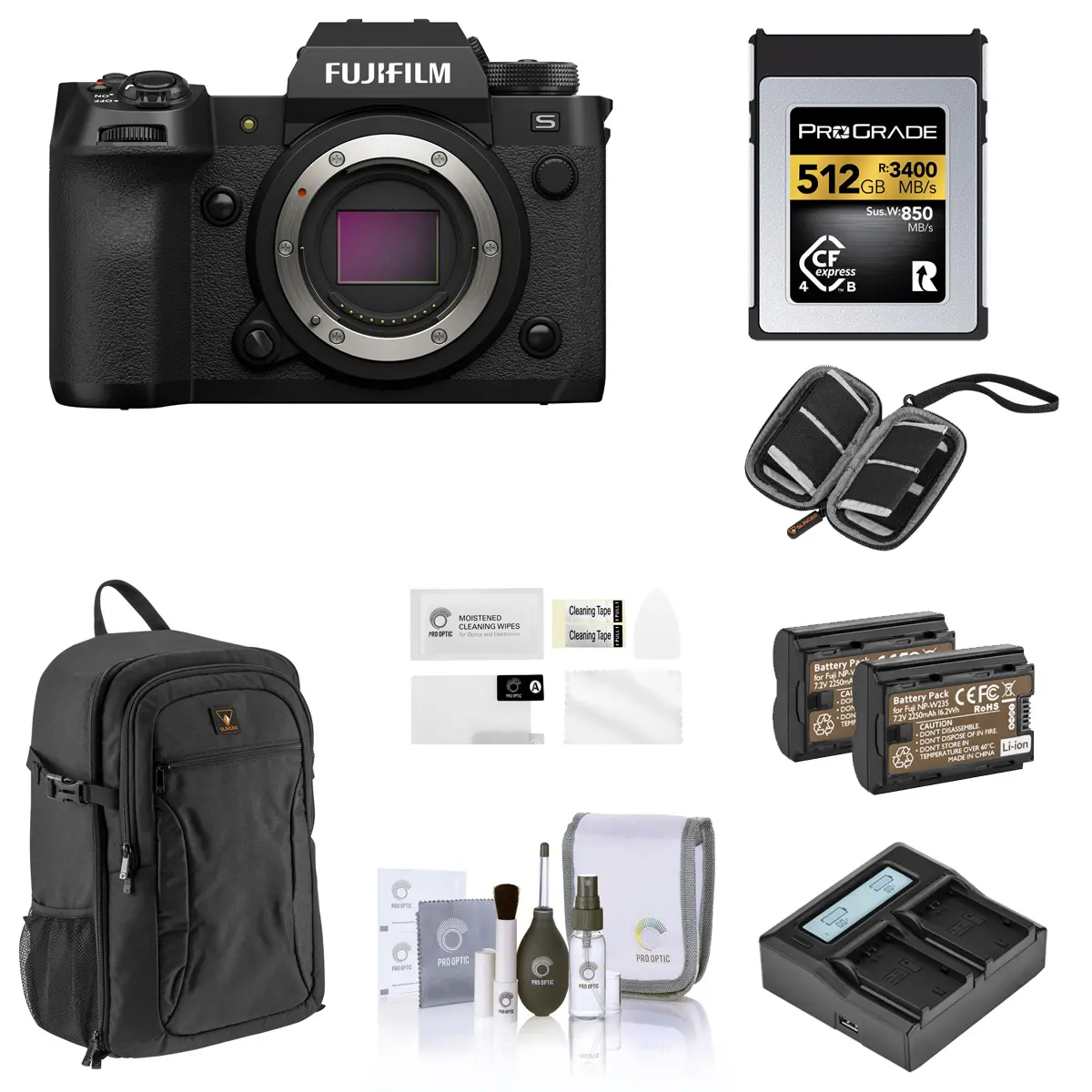 Handheld Fujifilm X-H2S Black Mirrorless Digital Camera Body Bundle with 512GB CFexpress Type-B Memory Card, 2 Batteries, Dual Charger, Backpack, Screen Protector, SD Card Case, Cleaning Kit