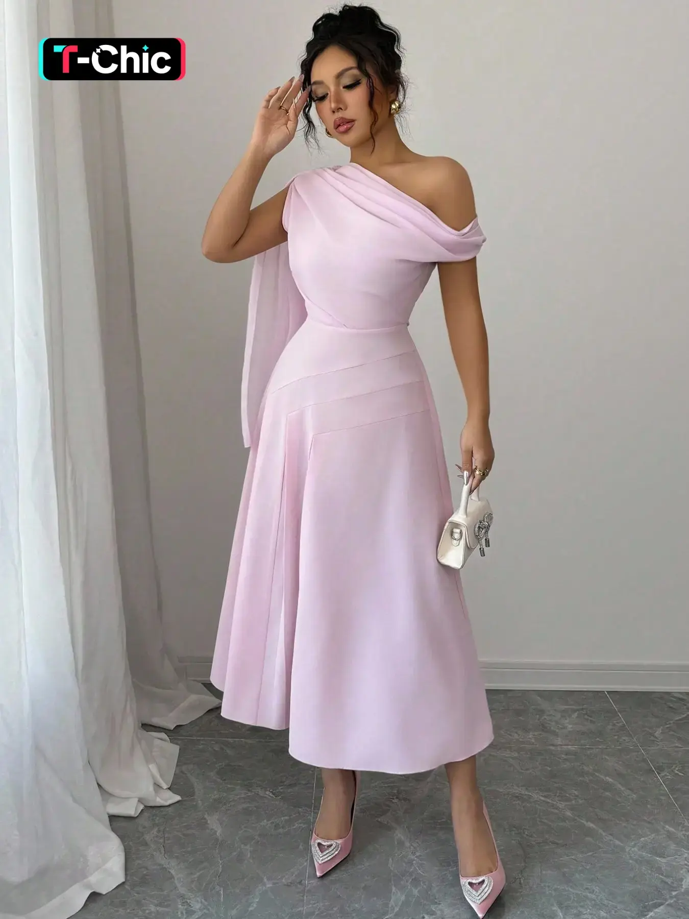 Spring Summer New Off-Shoulder Design Mesh Breathable Lightweight Dress, Flowy Belted Slimming Fit Wedding Bridal Outfit Vacation Gown, Elegant A-Line Party Dress Womenswear Wedding Outfits