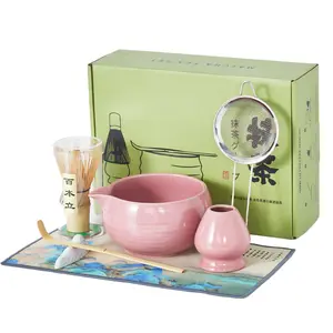 Garvee 8-piece Pink Matcha Set, Ceramic Bowl, Bamboo Whisk and Spoon, Stainless Steel Sifter, Chasen Stand, Tea Cloth and Spoon, Complete Matcha Starter Kit for Women, Set