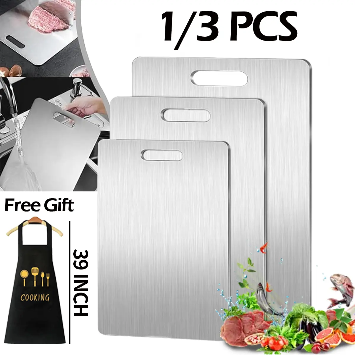 1/3 PCS Stainless Steel Cutting Boards, 0.04'' Thick, Slim Portable Cutting Board, Double Sided Food Grade Non Stick Cutting Board, Used For Cutting Fruits, Vegetables, And Various Ingredients, Suitable For Kitchens, Dishwashers, And Various Cooking Tasks