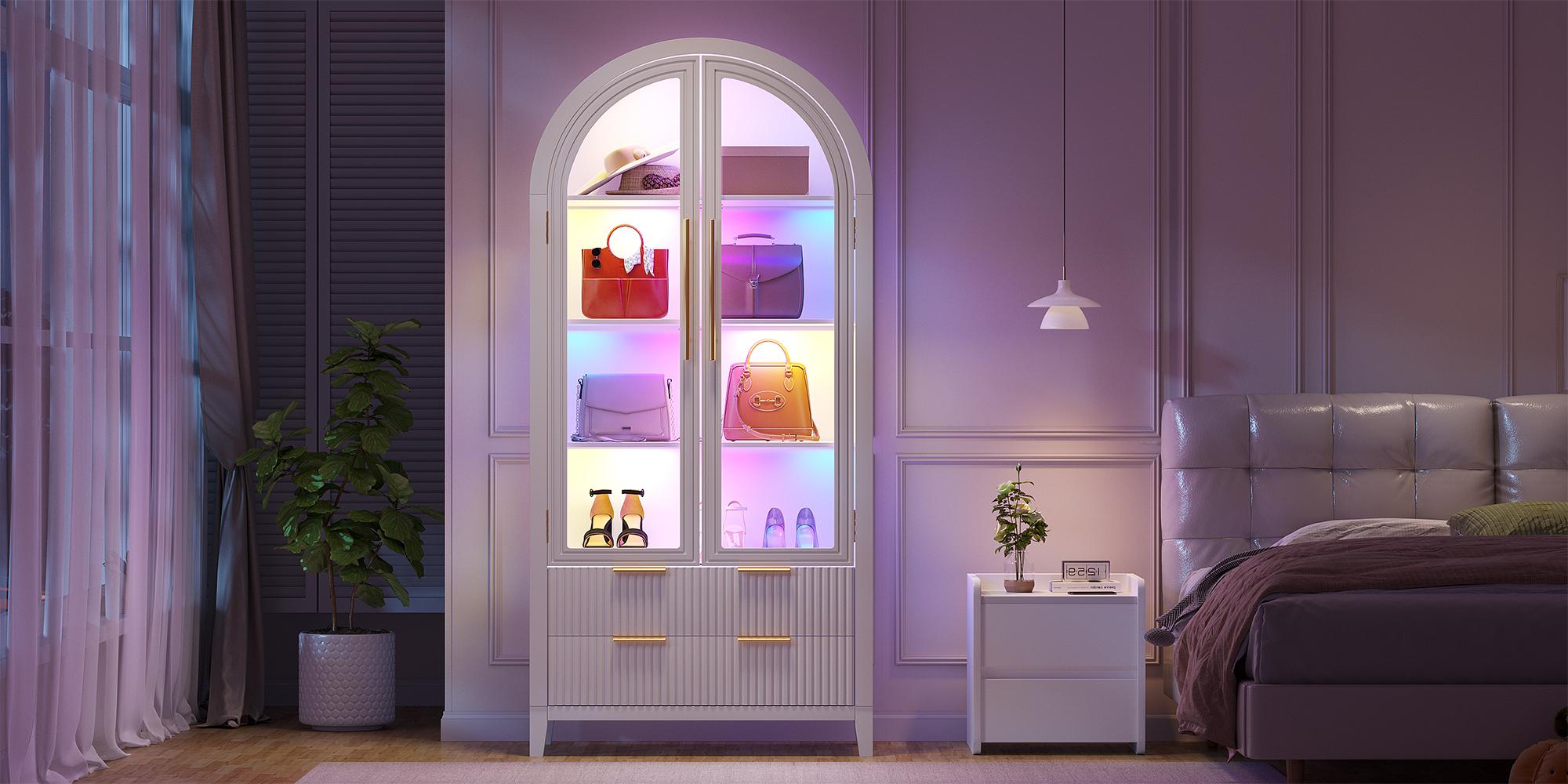 Vlsrka 71" Arched RGB Curio Cabinet with Glass Doors 4-Shelves Tall Display Cabinet and 2 Drawers LED Display Case with 20 Lights for Collectibles Book Medal Figure Vlsrka 71" Arched RGB Curio Cabinet with Glass Doors 4-Shelves Tall Display Cabinet and 2 Drawers LED Display Case with 20 Lights for Collectibles Book Medal Figure