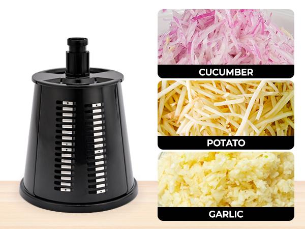 SUSTEAS Rotary Food Cheese Grater with 6 Replaceable 18/10 Stainless Steel Blades, Strong Suction Base, Kitchen Utensils, Vegetable Slicer New Black Potato Cutter