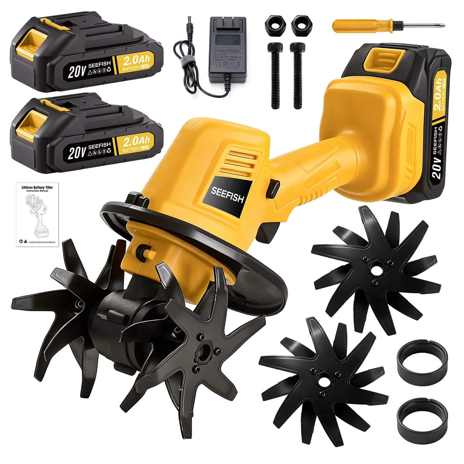 SEEFISH  20V Cordless Handheld Tiller - Electric Lightweight Soil Loosening Rotary Machine, 2.0Ah Battery & Charger Included, Garden Tool Set for Courtyard & Lawn Cultivation
