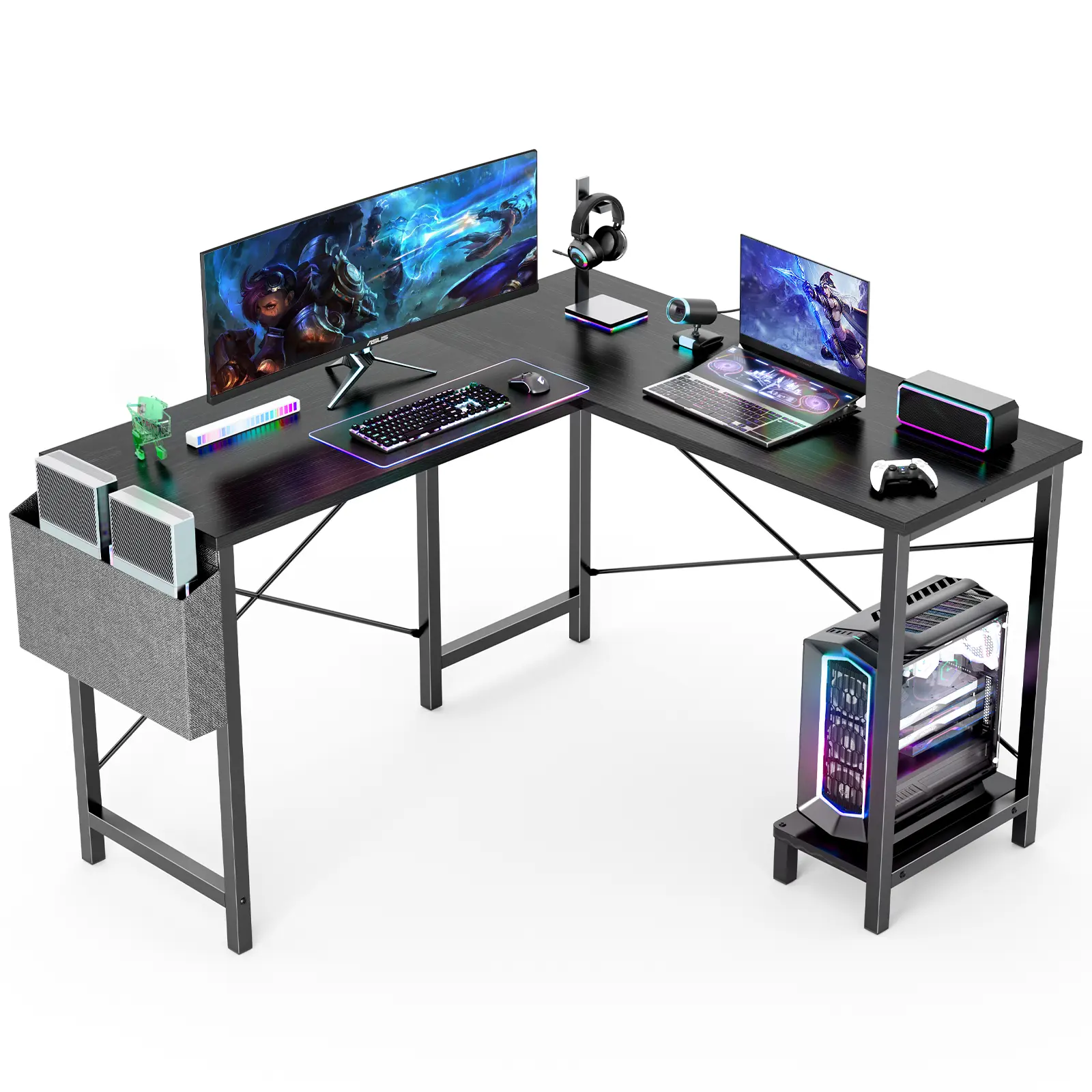 Sweet Furniture 30*43*50 Inch L-Shape Computer Desk - Sturdy Gaming PC Table with CPU Stand, Side Bag, Waterproof Surface, Assembly Required for Home Office
