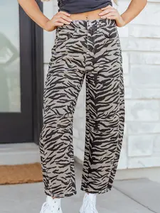 Gray Zebra Stripe Printed Wide Leg Jeans, Front and Back Pockets For Laid-Back Functionality.