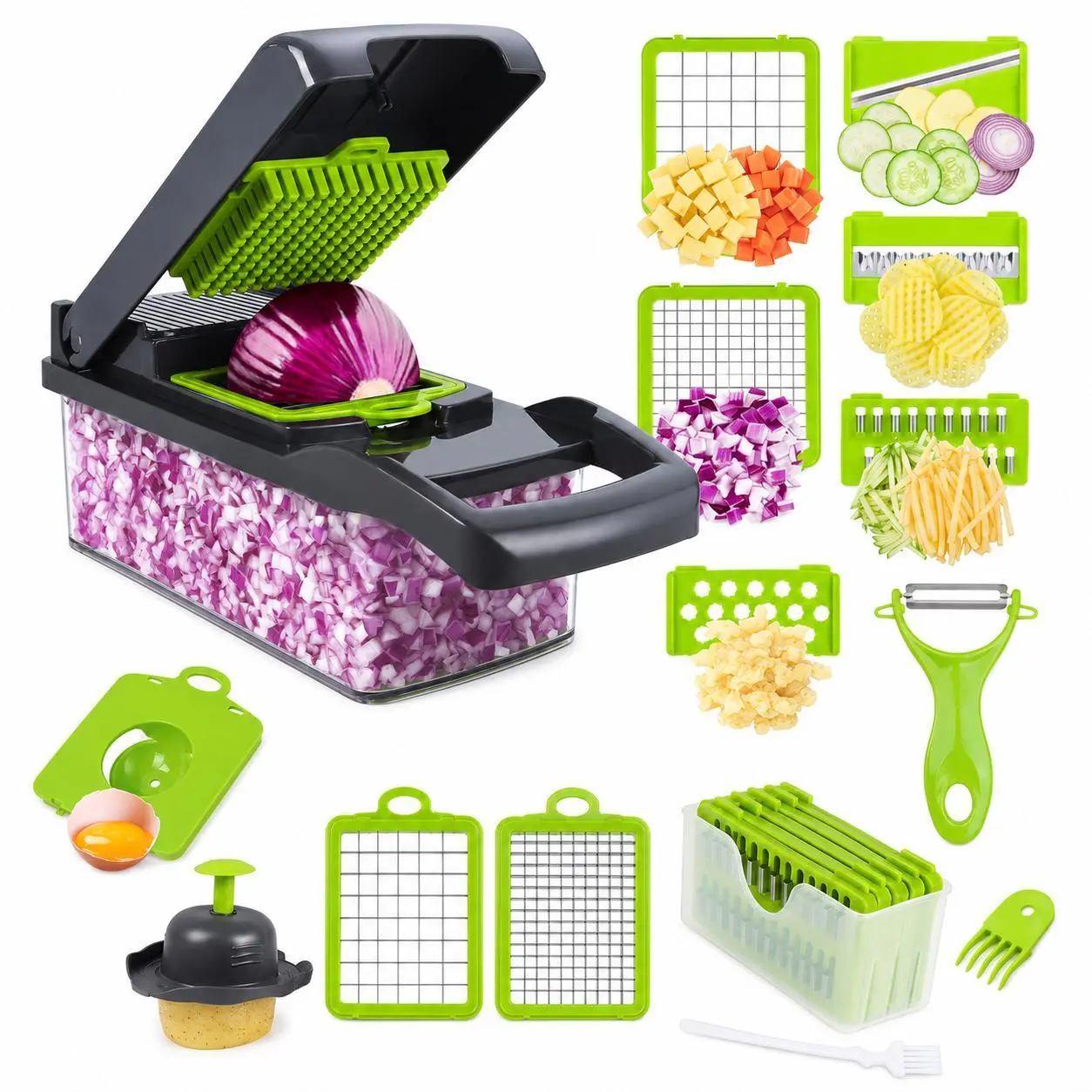 16 in 1 Vegetable Chopper with Container, 8 Interchangeable Stainless Steel Blades, Onion Dicer, Veggie Slicer, Grater & Julienne Cutter for Potato, Carrot, Garlic & Meal Prep, Green & Black