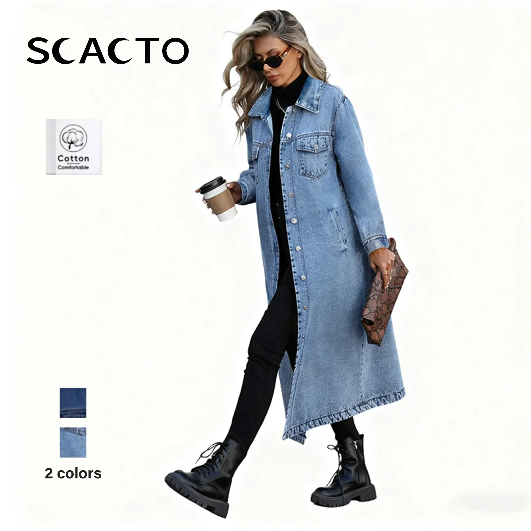 Scacto Women's Classic Long Denim Trench Coat, Collared Button-Front Outerwear for Elegant Basic Outfits, Lady,back to school,back to school shopping, Long Sleeve,clothes for back to school,first day of school outfits