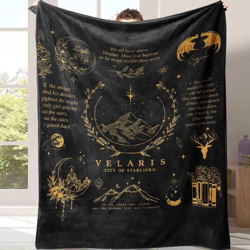 Velaris City Of Starlight ACOTAR Blanket, Golden Book Quote Fleece Throw Blanket, Star Mountain Faerie Art Blanket For Sofa Bed Nap Couch Use, Indoor Warm Throw Home Decor, Birthday Graduation Xmas Gift For Book Lovers Fantasy Readers
