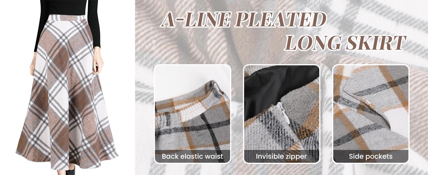 Kingapril Women's Winter Cozy Wool Elastic Waist A-Line Pleated Long Style Plaid Skirt