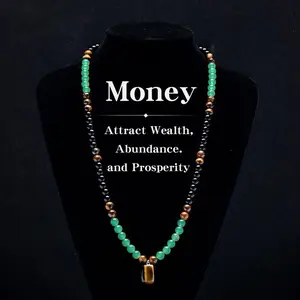 Wealth Attraction Energy Bead Set – Necklace & Bracelet with Tiger Eye Pendant Crystal Set Jewelry Set Aventurine Prosperity