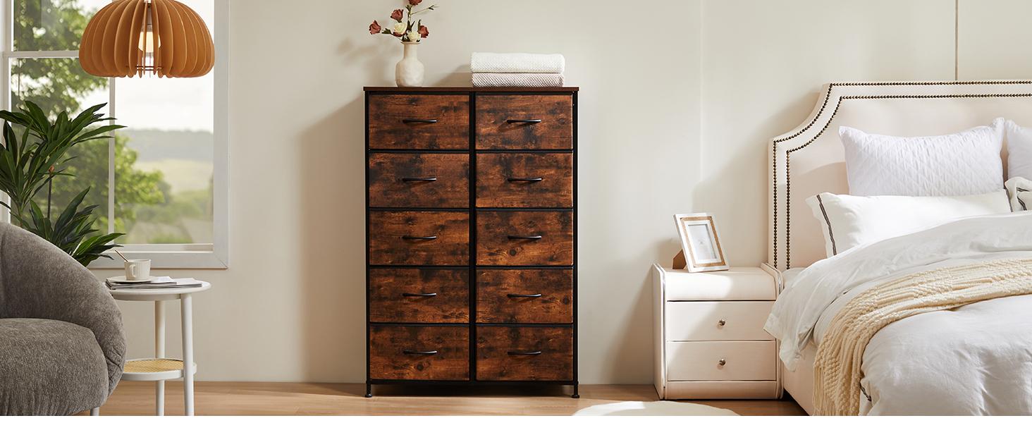 Tall Dresser for Bedroom with 10 Fabric Drawers, Organizer Units for Closet, Storage Tower with Cabinet, Metal Frame, Rustic Brown Wood Grain Print Dressers Tall Dresser for Bedroom with 10 Fabric Drawers, Organizer Units for Closet, Storage Tower with Cabinet, Metal Frame, Rustic Brown Wood Grain Print Dressers