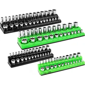 GARDEN TOOLS Magnetic Socket Organizer Set, 4PCS Socket Holder Set Includes 1/4", 3/8" Drive Metric SAE Socket Trays green rubber socket tray professional hand work equipment tool box garage organization hand tool cool mechanic Socket OrganizerQuesear