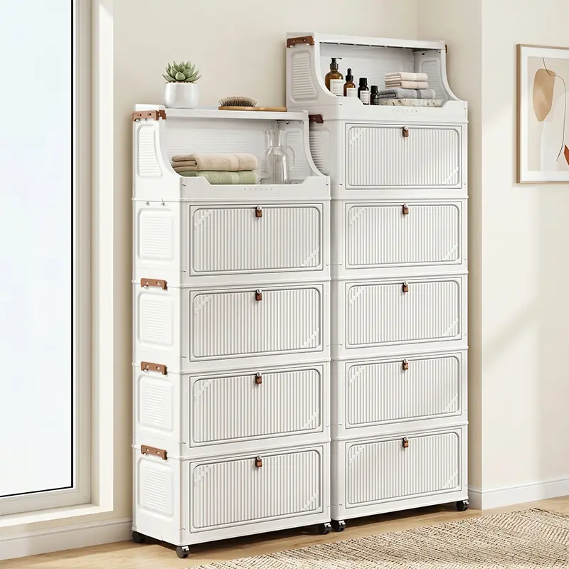 Cream White Rectangle Dual-Opening Foldable Room Storage Cabinet - Home Supplies with Top Shelf, Magnetic Flip Door, Buckle, Tool-Free Assembly, Lockable Rolling Wheels, Compartments, Multi-Level Vertical Boxes, Dustproof for Bedroom, Laundry Room, Furnit