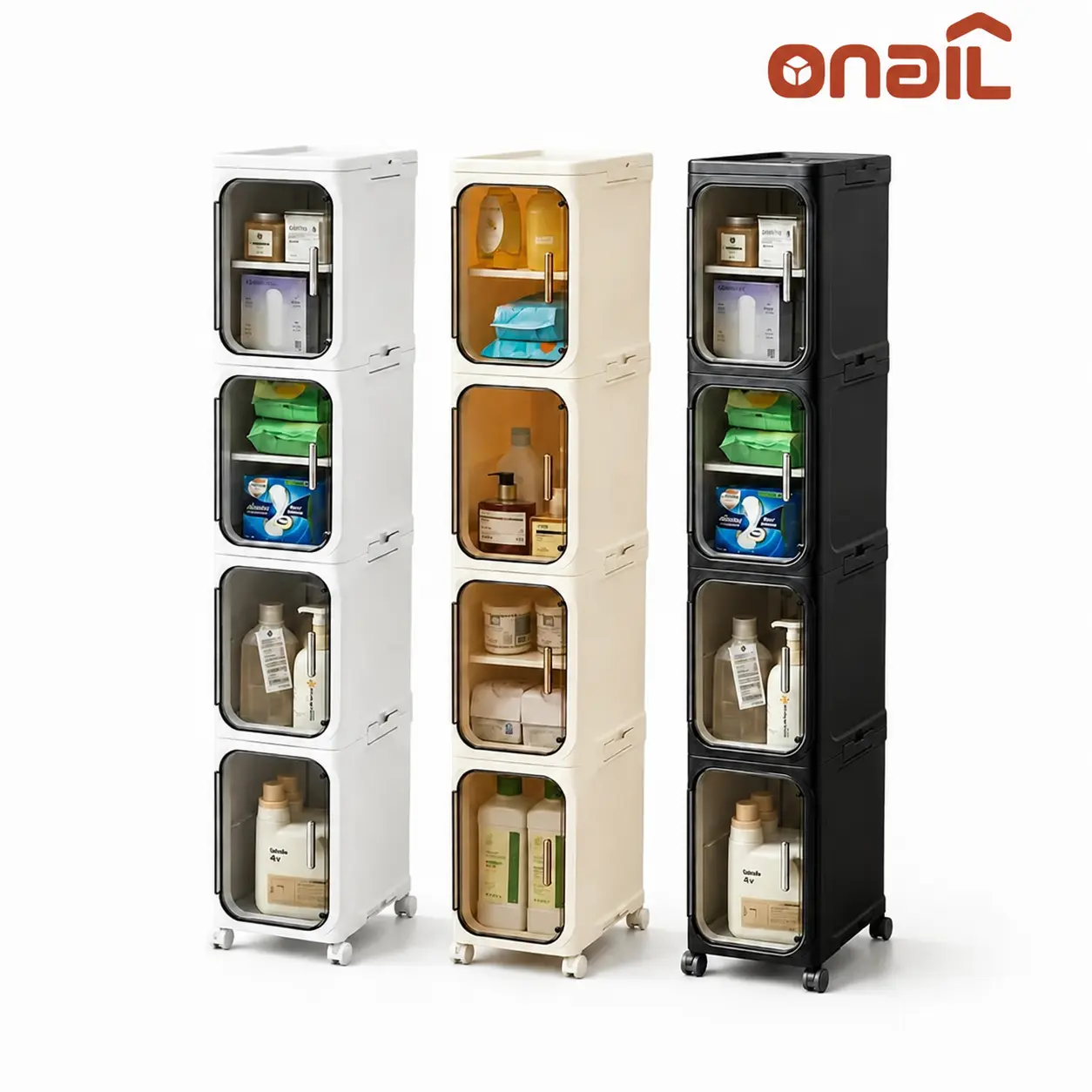 ONAIL four-layer tall and narrow storage cabinet, made of plastic, with a slim design, doors and adjustable shelves, wheels, stackable and foldable, suitable for small spaces, bathroom and kitchen