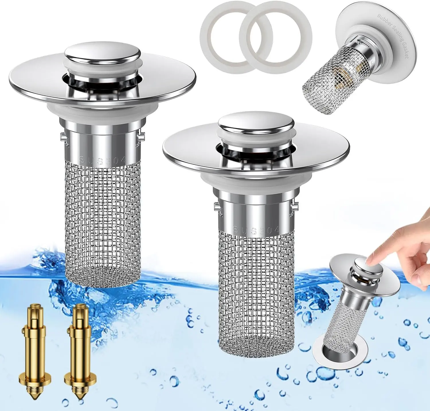 Stainless Steel Bathroom Sink Stopper with Brass Bouncing Core, Anti-Odor Pop-Up Drain Plug, Universal Bathroom Gadget, High Pressure Showerhead (Metal-Plastic Construction)
