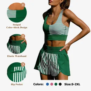 FISOEW Sports 2026 Summer Spring  Women's Colorblock Stripe Activewear Set Racerback Sports Bra & High Waisted Shorts for Gym Game Day & Casual Wear
