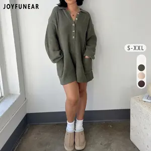 Joyfunear Women's Knit Button-Front Romper in Soft Polyester Fabric with Collared Neckline & Long Sleeves for Effortless Chic Looks