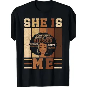 She Is Me Empowering Black History Juneteenth T-Shirt - Unisex Adult Casual Crew Neck Short Sleeve Tee with African Woman Portrait & Positive Affirmations (Educated, Strong, Beautiful, Motivational Quotes) - Regular Fit for Men & Women