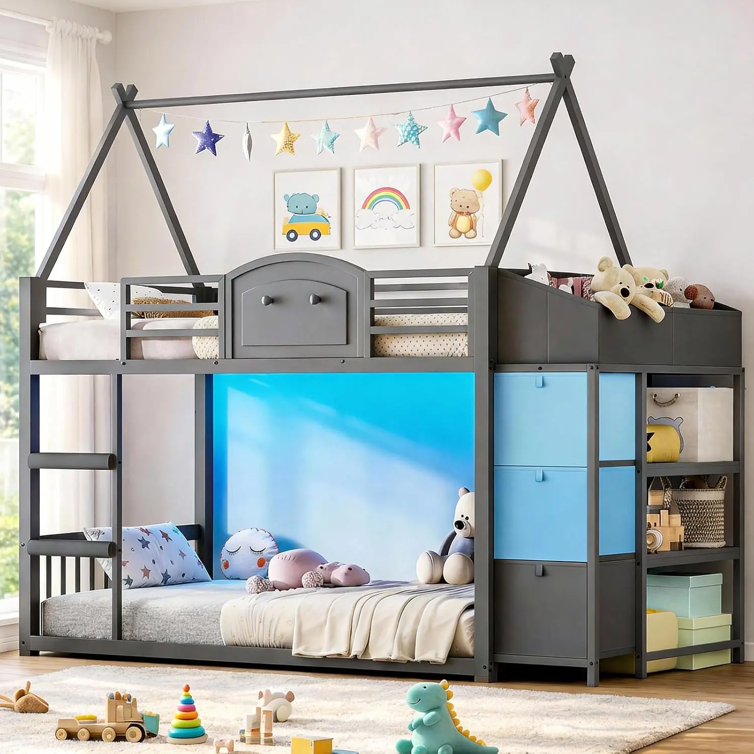 VIAGDO Bunk Bed Twin Over Twin with 3 Storage Drawers and Shelves, House Shaped Bunk Bed with Stairs and Guardrail, Metal Twin Floor Bed with LED Lights for Kids Teens Boys Girls, Dorm, Bedroom, Grey