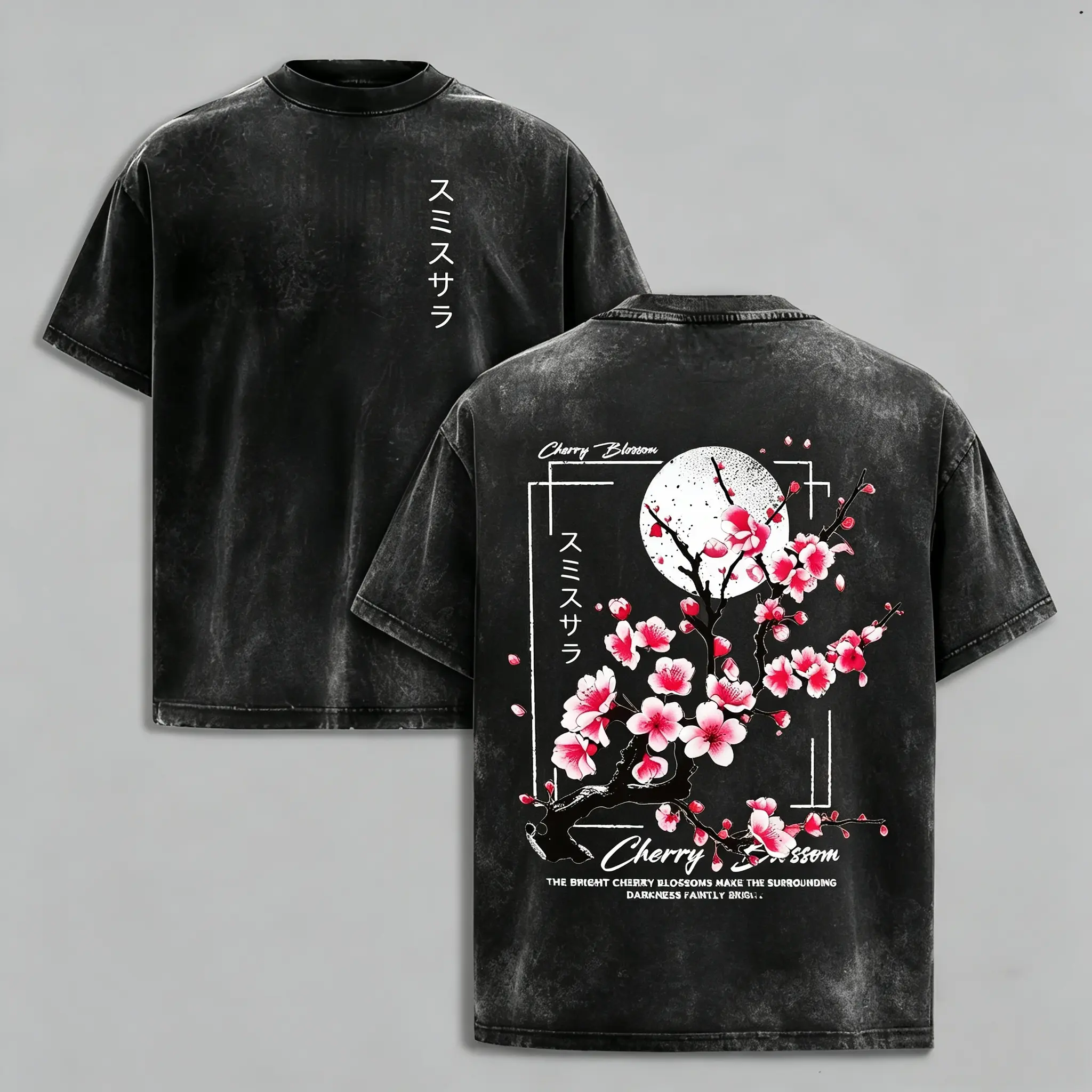 Men's Oversized Distressed Vintage Washed Heavyweight Cotton Round Neck Short-Sleeve T-Shirt with Sakura Japanese Letter Graphic - Soft, Breathable, Retro, Casual Streetwear Men's Clothing, Trending Clothes, Vintage Graphic Tees for Daily Festival Wear, G