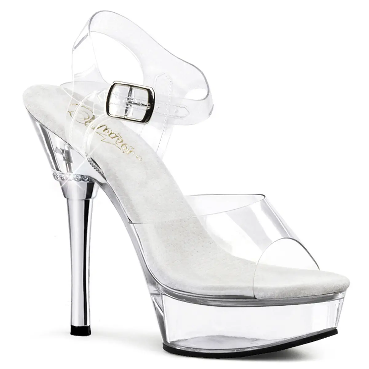 Women's Elegant Open-Toe Platform Sandals - 5.5-in Chrome Stiletto Heel, Transparent Ankle Strap, Jewel Accent Footwear for Evening Special Events