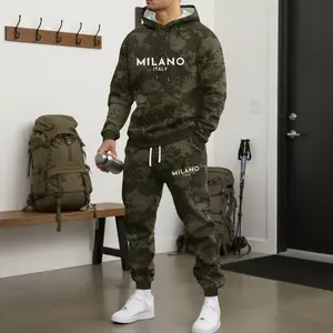 Men's fashionable casual hooded sweatshirt and sweatpants set, featuring Milan letter print pattern. This stylish and unique camouflage two-piece set for men is perfect for spring and autumn, and suitable for outdoor activities, hiking, and camping.