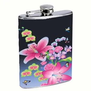 Pink Lily Stargazer Floral Butterfly 8oz Stainless Steel Flask