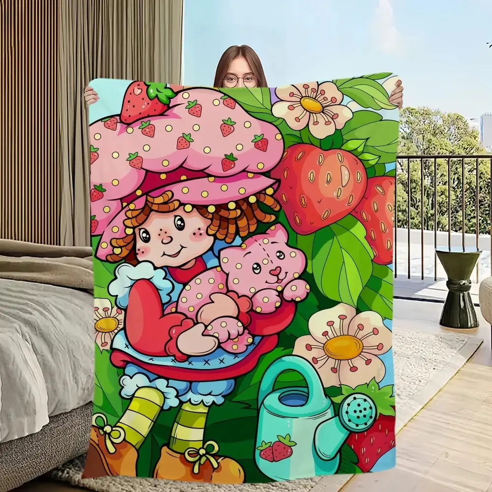 Cute Strawberry Shortcake 100% Brushed Flannel Blanket - Wrinkle Resistant, Skin-Friendly, Warm Plush Throw for Sofa, Living Room - Ideal Christmas Gift for Moms