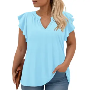 Women's Plus Size Soft Loose Summer Tops, Cute Notched V-Neck Pleated Ruffle Short-Sleeve Blouses, Trendy Casual Wear Tunics Tees with Great Fit 0153,summervibes outdoorfun outdoorfun