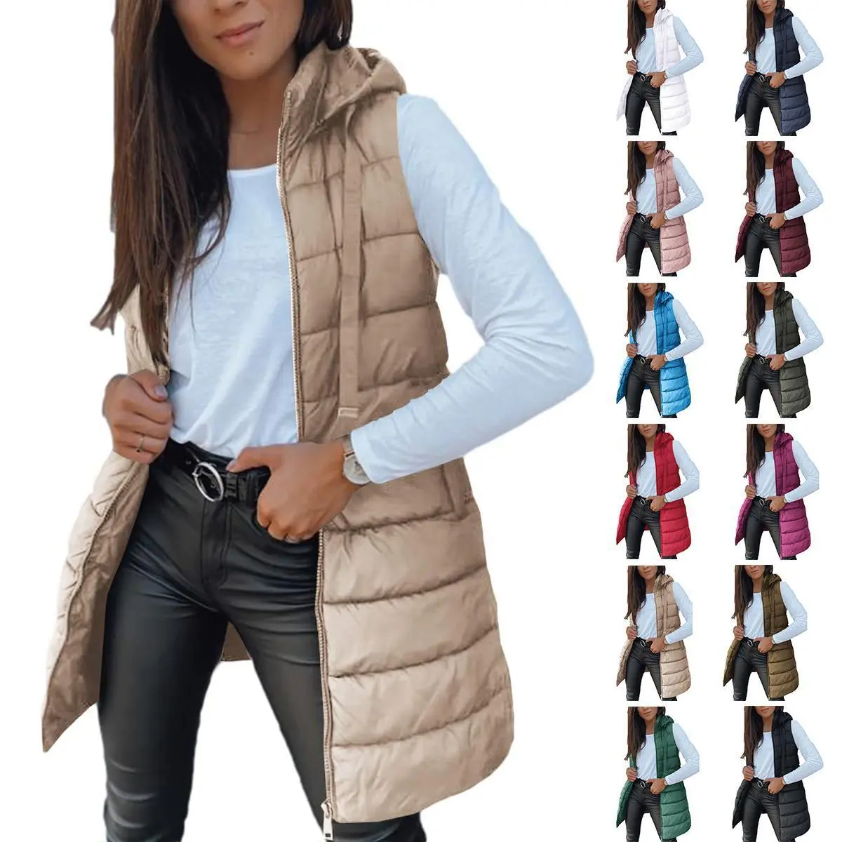 Imily Bela Women Long Vest Solid Color Sleeveless Hood Winter Puffer Vest Outwear