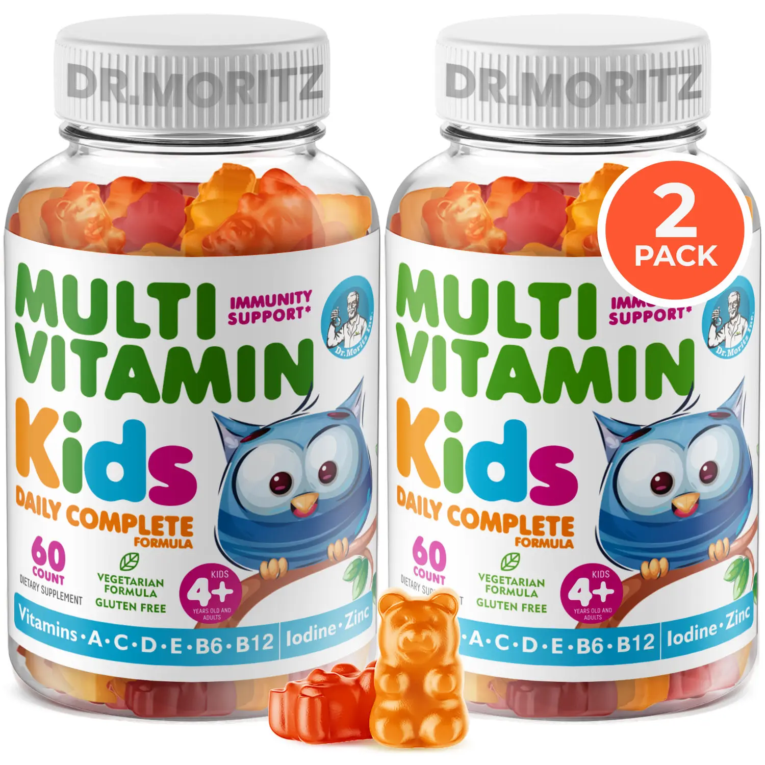 DR. MORITZ Kids Multivitamin Gummies - with Kids Vitamins A C D E B6 B12 Zinc and More - Complete Daily Support - Vegetarian and Non-GMO, 2 Pack (120 Count)