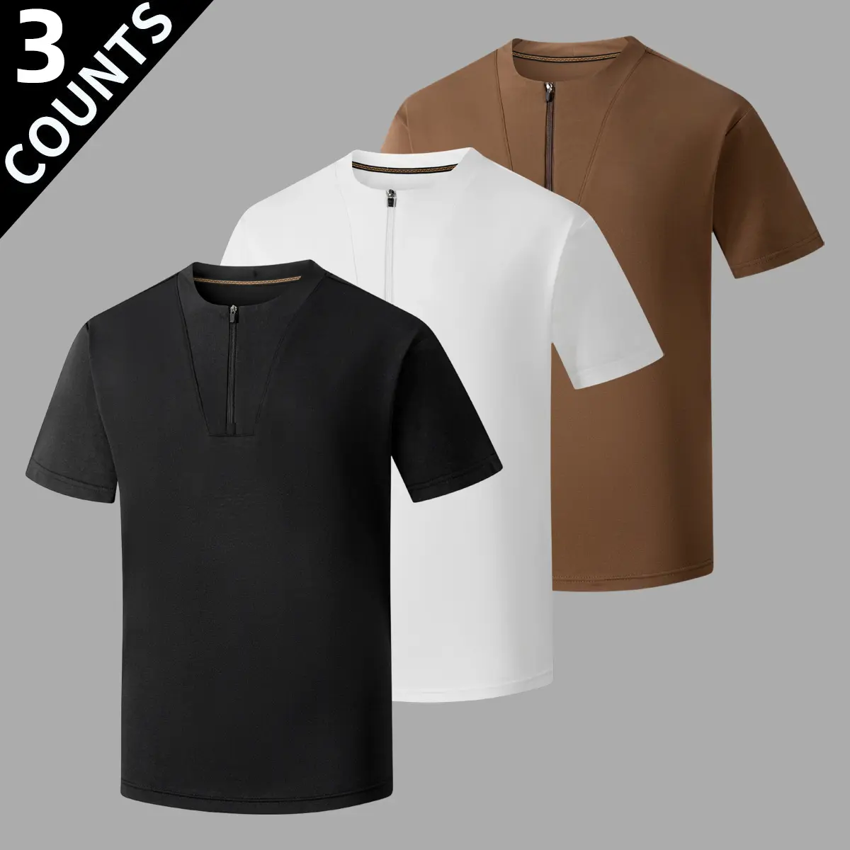 Three-piece men's short-sleeved T-shirt, half-zipper collar regular version design, suitable for sports and casual wear, adding a sense of practicality. outdoorfun Top Shortsleeve