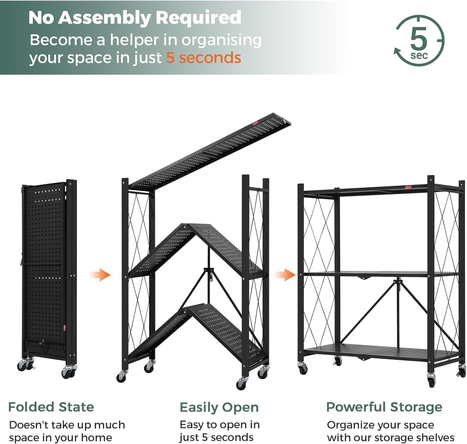 3 Tier Foldable Storage Shelves with Wheels Freestanding Metal Wire Shelf Rack for Kitchen Garage Basement Pantry Black Pack of 2 No Assembly Organizer Rolling Cart