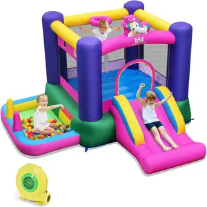 [No Ocean Ball Included]Costzon Inflatable Bounce House with Air Blower & Ball Pit, Bouncy House for Kids Indoor Outdoor w/Basketball Hoop, 480w Blower, Mini Bounce House with Slide for Boys Girls Backyard Birthday Party Gifts for 3-12