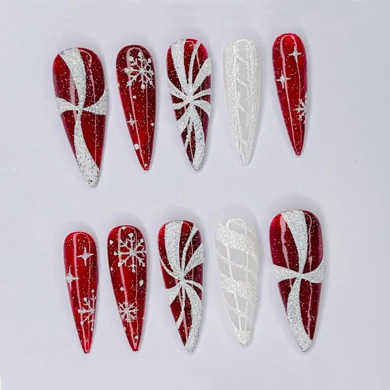 [CHRISTMAS DEAL BUY 2 GET 1 FREE] Red Glitter Christmas Press On Nails, White Snowflake Candy Cane Design, Holiday Sparkle Nail Set
