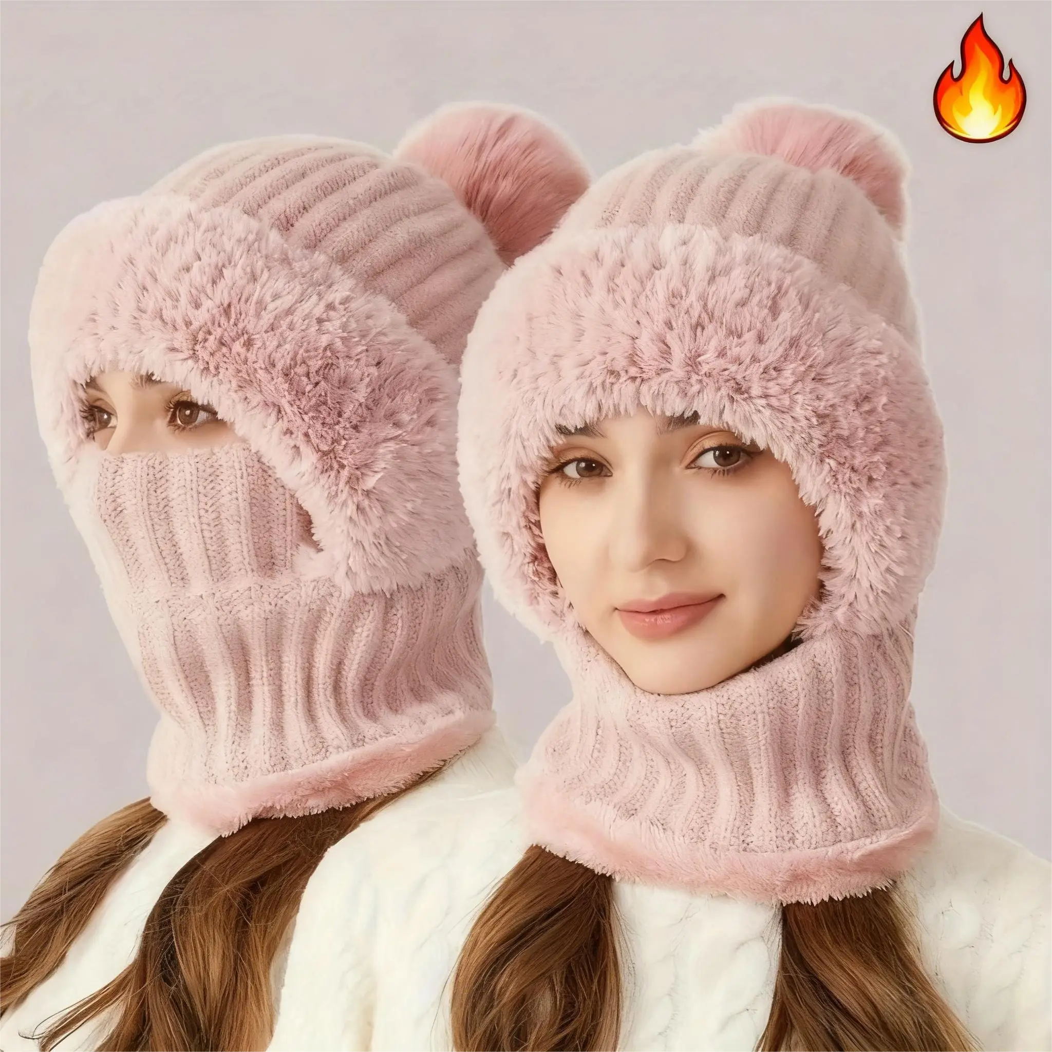 3-in-1 Winter Beanie Scarf & Mask Set - Cozy Fleece-Lined Knit Hat with Ear Flaps Windproof Warm Hooded Neck Warmer for Outdoor Cycling