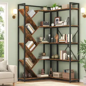 71" Tall 5-Tier L-Shaped Corner Bookshelf Industrial Metal Frame Modern Space Saving Display Storage Rack for Living Room Home Office Bedroom