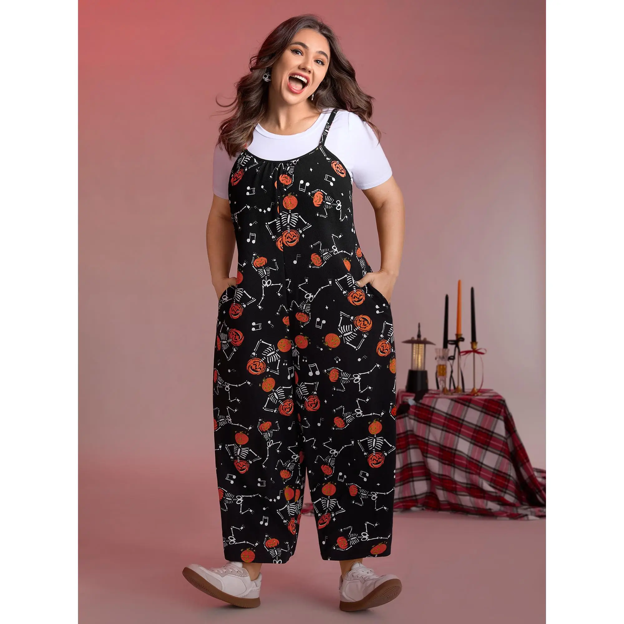 Bloomchic Pumpkin Skeleton Print Cami Sleep Jumpsuit,Summerfinds