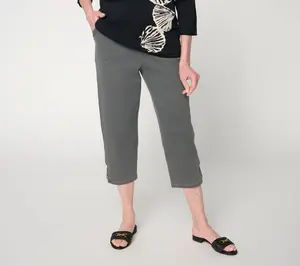 Denim & Co. Regular Black Flat Front Capris Pants w/ Lattice Hem